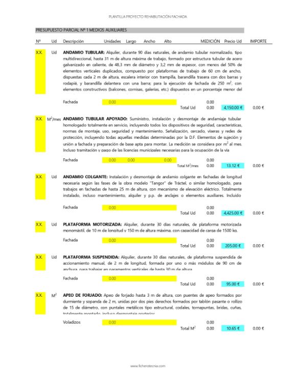 Plantilla de ejemplo para hacer un presupuesto de reparación de fachadas