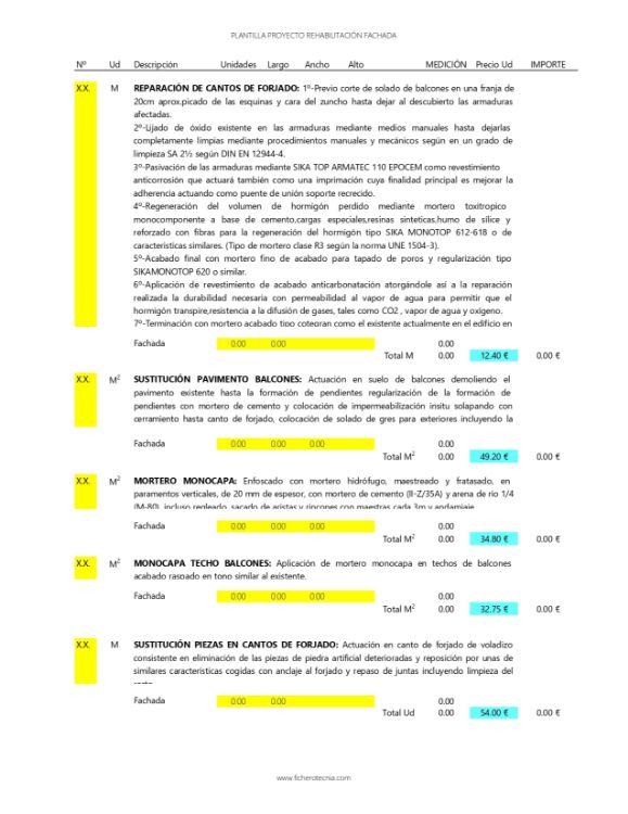 muestra del xls descargable parra hacer un presupuesto de rehabilitación de fachada